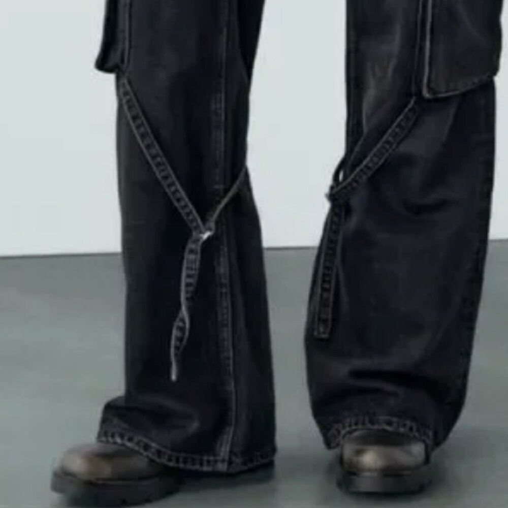 Zara Mid-Rise TRF Cargo Pants Denim Black Wide Leg Jeans Womens US Size 14 EU 46 - Picture 5 of 5